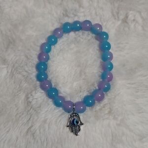 Blue and Purple Beaded Bracelet with Hamsa Charm